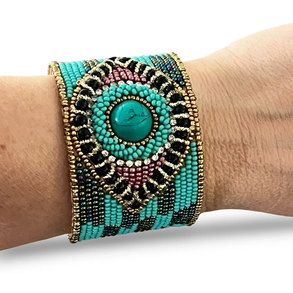 Turquoise and Gold Colored Beaded Evil Eye Cuff Bracelet